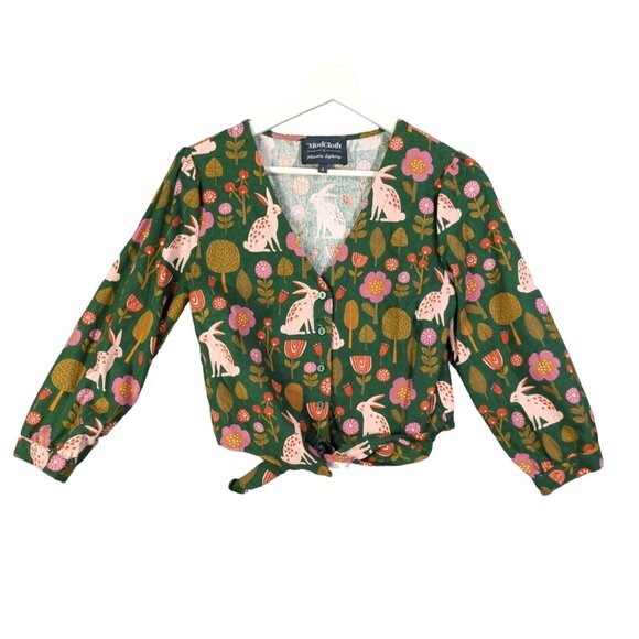 Princess Highway Tops - MODCLOTH X PRINCESS HIGHWAY Crop Button Tie Top Women SZ 8 Linen Rabbits Novelty